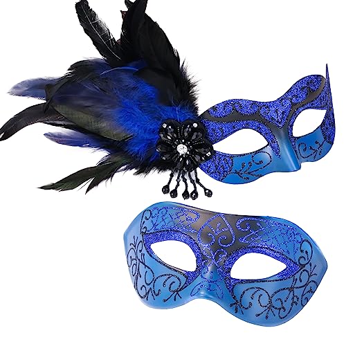 MYSEUNI Blaue Maskerade Maske für Paare, Maskerade Maske für Frauen mit Federn & venezianische Maske Herren für Maskerade Party, Karneval, Halloween, Cosplay, Abschlussball, Weihnachten von MYSEUNI