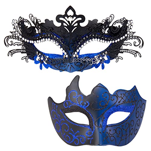 MYSEUNI Blaue Maskerade Maske für Paar - funkelnde Strass Metall Mascaraden Maske für Frauen & venezianische Masken für Männer - perfekt für Karneval von MYSEUNI