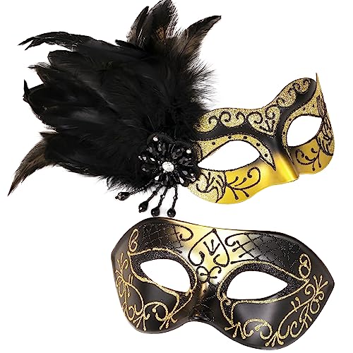 MYSEUNI Glod Maskerade-Maske für Paare, Damen-Maske mit Federn und venezianischer Maske, für Maskerade-Party, Karneval, Halloween, Cosplay, Abschlussball, Weihnachten von MYSEUNI