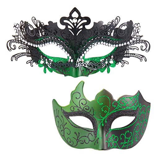 MYSEUNI Grüne Maskerade-Maske für Paare – glänzende Strass-Damen-Maske & venezianische Herren-Maske für Halloween, Karneval, Weihnachten, Karneval, Hochzeit, Heimdekoration von MYSEUNI