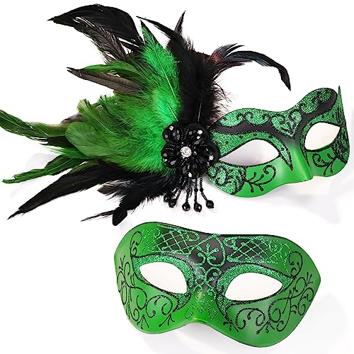 MYSEUNI Grünes Masken-Set für Sie und Ihn, Feder-Maske, für Paare, venezianische Maske für Maskerade, Karneval, Halloween, Cosplay, Abschlussball, Weihnachten von MYSEUNI