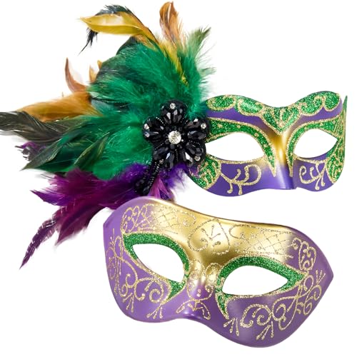 MYSEUNI Mardi Gras Maske mit Federn - Venezianisches Paar Karneval Masken für Maskerade Party Cosplay Party Themenball von MYSEUNI