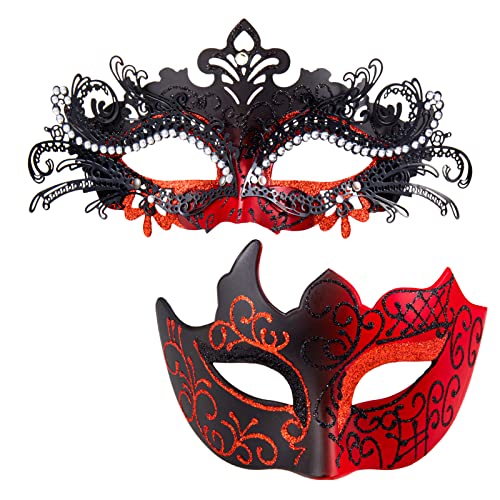 MYSEUNI Maskenmasken für Paare – glänzende Strass-Metallfiligrane venezianische Maske und venezianische Herrenmaske für Karneval, Rot/Ausflug, einfarbig (Getaway Solids), Einheitsgröße von MYSEUNI