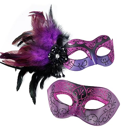 MYSEUNI Maskerade Maske für Paare, lila Feder-Maskerade Maske für Paare & venezianische Maske für Maskerade Party, Karneval, Halloween, Cosplay, Abschlussball, Weihnachten von MYSEUNI