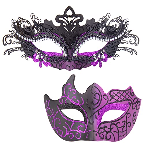 MYSEUNI Violette Maskerade-Maske für Paare – glänzende venezianische Maske mit Strass und venezianischer Herren-Halbmaske für Maskarade, Ball, Abend, Abschlussball, Kostüme, Halloween, Karneval, von MYSEUNI