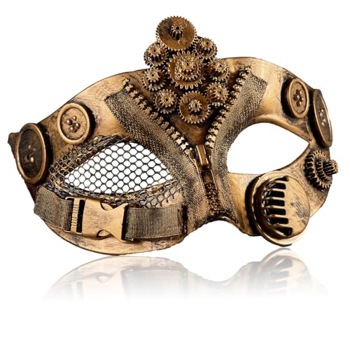 MYSEUNI Mechanische Steampunk-Maske, Gold, Steampunk, Halloween, Cosplay, Maskerade-Masken und Kostüme für Männer und Frauen, Maskerade-Party, Ball, Abschlussball, Weihnachten, Neujahr, Karneval von MYSEUNI