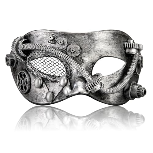 MYSEUNI Mechanische Steampunk-Maske, Silber, Steam-Punk, Halloween, Cosplay, Maskerade-Masken und Kostüme für Männer, perfekt für Maskerade-Party, Ball, Abschlussball, Weihnachten, Neujahr, Karneval von MYSEUNI