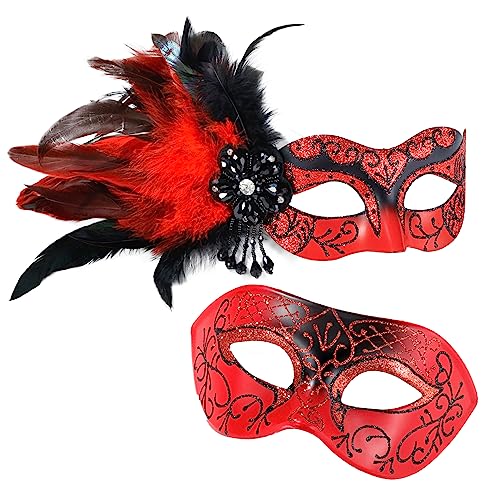 MYSEUNI Rote Maskerade Maske für Paare, Maskerade Maske Damen mit Federn & Venezianische Maske Herren für Maskerade Party, Karneval, Halloween, Cosplay, Abschlussball, Weihnachten von MYSEUNI