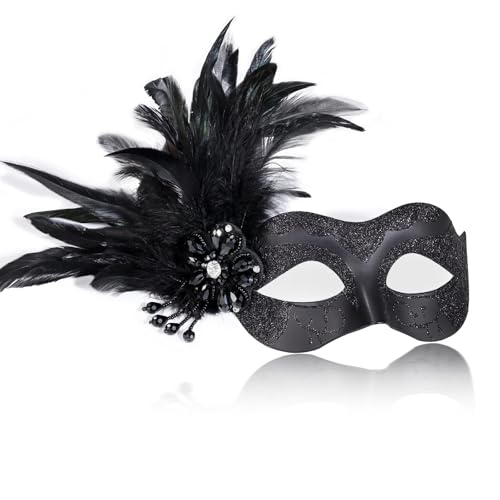 MYSEUNI 2024 Schwarze Maskerade-Masken für Damen mit Federn – venezianische Maske für Maskerade-Party, Karneval, Halloween, Cosplay, Abschlussball, Weihnachten von MYSEUNI