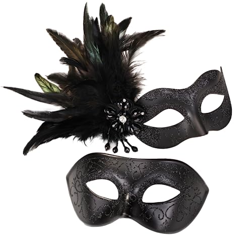 MYSEUNI Schwarzes Paar-Masken-Set – Damen-Maske mit Federn und venezianischen Masken, für Maskerade-Party, Karneval, Halloween, Cosplay, Abschlussball, Weihnachten von MYSEUNI