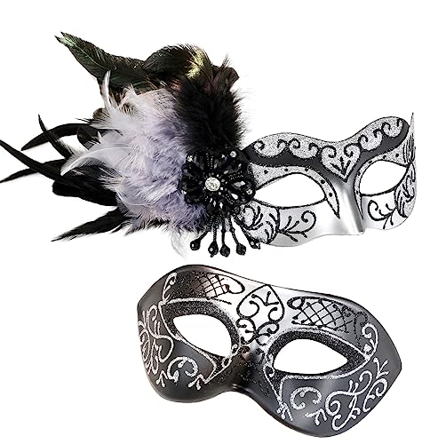 MYSEUNI Silberne Maskerade-Maske für Paare, Maskerade-Maske für Frauen mit Federn und venezianischer Halbmaske, Halloween, für Maskerade-Party, Karneval, Halloween, Cosplay, Abschlussball, Weihnachten von MYSEUNI