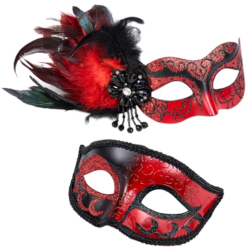 MYSEUNI Venezianische Maske für Paare mit Federn – rote Maske für Damen und Herren, Kostüm für Halloween, Karneval, Cosplay, Party, Ball, Abschlussball von MYSEUNI