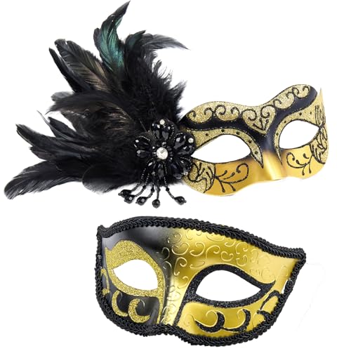 MYSEUNI Venezianisches Masken-Set für Paare, Federn, Schwarz und Gold, Maskerade-Maske für Damen und Herren, Kostüm für Halloween, Karneval, Cosplay, Party, Ball, Abschlussball, Einheitsgröße von MYSEUNI