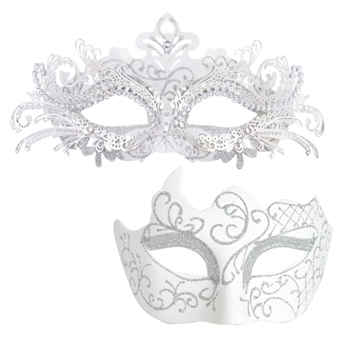 MYSEUNI Weiße Maskerade-Maske für Paare – glänzende strassbesetzte filigrane venezianische Maske aus Metall und venezianische Vintage-Maske für Hochzeit, Abend, Abschlussball, Karneval, Maskenball, von MYSEUNI