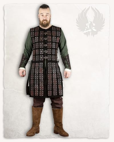 MYTHOLON Osric Schwarze Lederbrigantine, M-L, Lederrüstung mit seitlichen Schnürungen, Wildleder, Messingschnallen, Lederwappenrock, Mittelalter, LARP, Cosplay, Wikinger von MYTHOLON