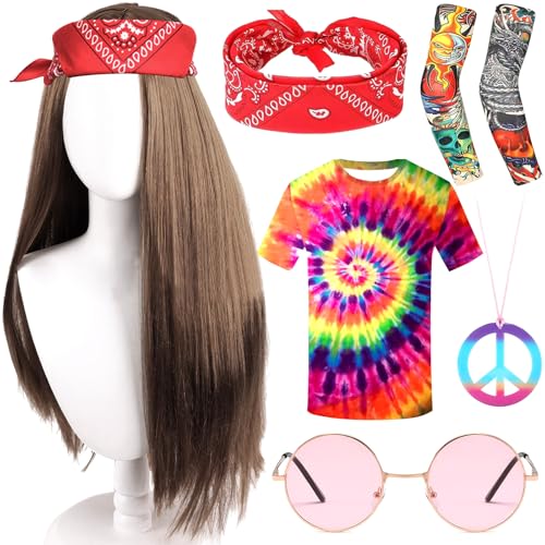 MZJAUVF 6PCS Hippie Kostüm, 70er Jahre Outfit Herren, Hippie Kostüm Herren, Hippie Accessories T-Shirt Perücke Sonnenbrille Peace Halskette Stirnband Halskette Stirnband Tattoo Ärmel Party Karneval von MZJAUVF