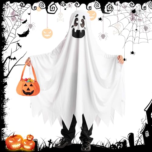 MZJAUVF Geist Umhang Gespenst Kinder, Gespenst Kostüm, Halloween Kostüm Kinder, Geister Kostüm mit Kürbis Eimer, Halloween gespenst kostüm kinder für Karneval Cosplay Party, Weiß（5-12 Jahre） von MZJAUVF