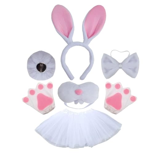 MZRAN Hasen-Kostüme für Kinder, Cosplay, Hasen, Ohren, Stirnbänder, Schwanz, Fliege, Handschuh, Tutus, Tier-Kostüm, Zubehör-Set von MZRAN