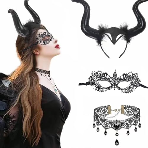 MZSYLK Halloween Kostüm Damen Accessoires Damen Königin Hörner Stirnband mit Spitze Maske + Gothic Spitze Halskette für Halloween Cosplay Party MZSYLK Halloween Kostüm Damen Accessoires Damen Königin Hörner Stirnband mit Spitze Maske + Gothic Spitze Halskette für Halloween Cosplay Party von MZSYLK