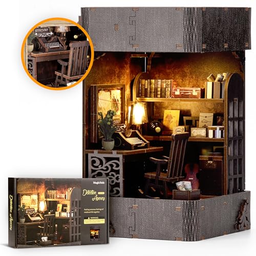 MagicHolz – Detektivbüro Book Nook Diorama – DIY Booknook Kit aus Holz – Miniatur Bausatz mit Möbeln & LED Lampe – 3D Holzpuzzle perfekt als Buchstütze & Bücherregal Deko von MaHo