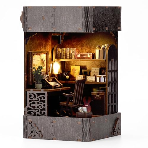 MagicHolz – Detektivbüro Book Nook Diorama – DIY Booknook Kit aus Holz – Miniatur Bausatz mit Möbeln & LED Lampe – 3D Holzpuzzle perfekt als Buchstütze & Bücherregal Deko von MaHo