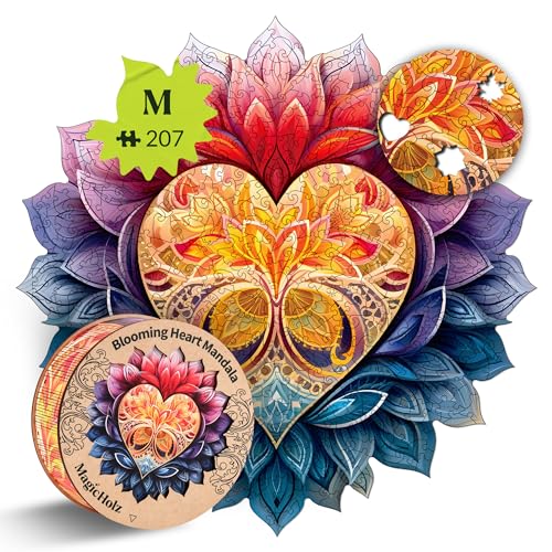 MagicHolz – Holzpuzzle Mandala Blühendes Herz – rundes Holz Puzzle Ø 27 cm – besondere Geschenkidee für Erwachsene & Kinder – inkl.Premium Holzbox von MaHo