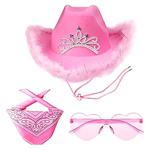 3PCS Exquisiter Damen Cowboyhut In Rosa Modisch Party Rosa Denim Rosa Herz Sonnenbrille Rosa Schal Western Cowboyhut Mit Umhängeband Lustige Neuheit Cowboyhut Party Kleidungszubehör von MaSif