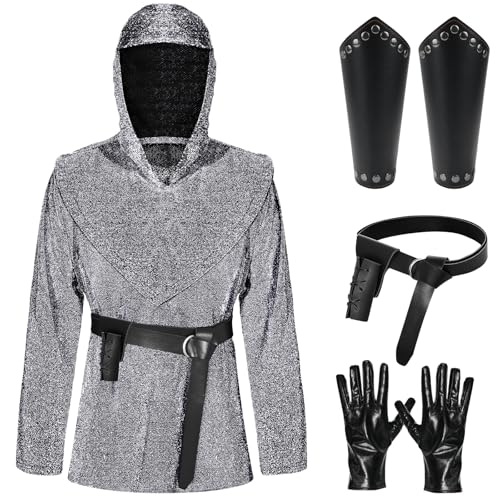 Halloween Mittelalter Kostüm Herren Ritter Kostüm Set Luxus Top Kostüm Kettenhemd Stirnband mit Ledergürtel Schwarz Handgelenk Handschuhe Renaissance Vintage Zubehör Party für Halloween Karneval Halloween Mittelalter Kostüm Herren Ritter Kostüm Set Luxus Top Kostüm Kettenhemd Stirnband mit Ledergürtel Schwarz Handgelenk Handschuhe Renaissance Vintage Zubehör Party für Halloween Karneval von Maazusa