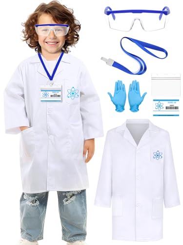 Laborkittel für Kinder 7 Stück Labormantel Kittel Kostüm Weißer Kittel Card Schutzbrille Handschuhe Schlüsselband Kartenetui Wissenschaftler Dress Up für Party Karneval Jungen Mädchen (140-150CM) von Maazusa