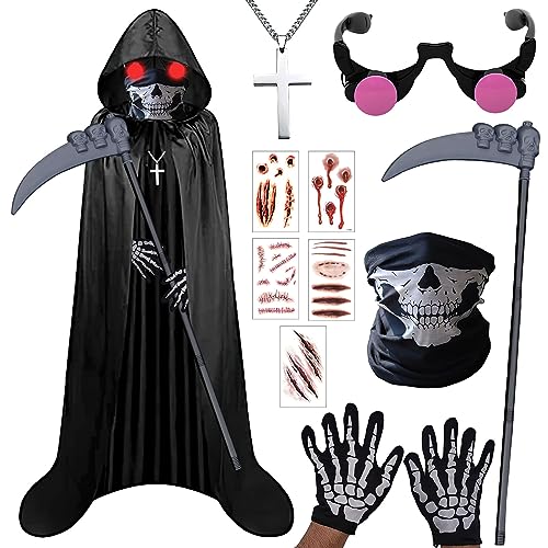 Maazusa 7Pcs Sensenmann Kostüm, Scream Kostüm, Sensenmann Umhang, Sensenmann Halloween Kostüm, Halloween Kostüm Set mit Schädelmaske für Halloween Dekoration,Cosplay,Karneval von Maazusa