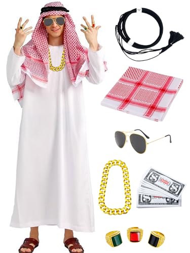 Maazusa Arabisches Gewand für Herren 9 Stück Scheich Kostüm Stirnband Bandana Overall Brille Ringe Halskette Karneval Kostüm für Welttag des Buches Karneval Fasching (Erwachsen, M) von Maazusa