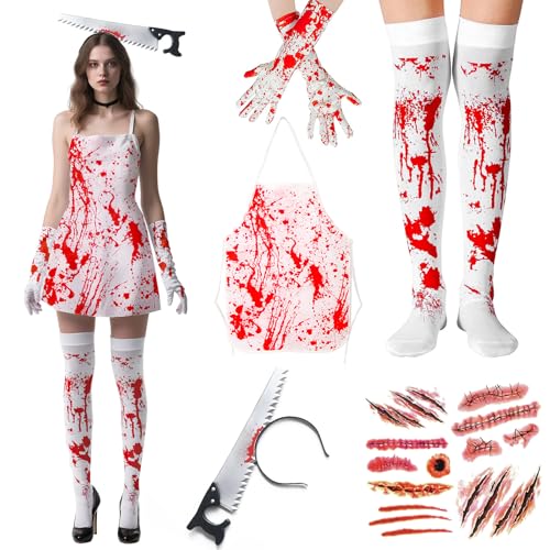 Maazusa Blutige Krankenschwester Zombie Kostüm Set, Halloween Gruseliges Verkleiden mit Schürze Strümpfe Handschuhe Säge Stirnband Tattoos Frauen Horror Krankenschwester Outfit für Halloween Karneval Maazusa Blutige Krankenschwester Zombie Kostüm Set, Halloween Gruseliges Verkleiden mit Schürze Strümpfe Handschuhe Säge Stirnband Tattoos Frauen Horror Krankenschwester Outfit für Halloween Karneval von Maazusa