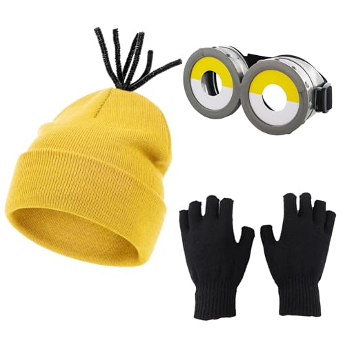 Maazusa Gelbe Brille Hut Kostüm Strickmützen Goggles Strickhandschuhe Cosplay Kostüm Zubehör Warme Hut Handschuhe Halloween Party Dress Up Set von Maazusa