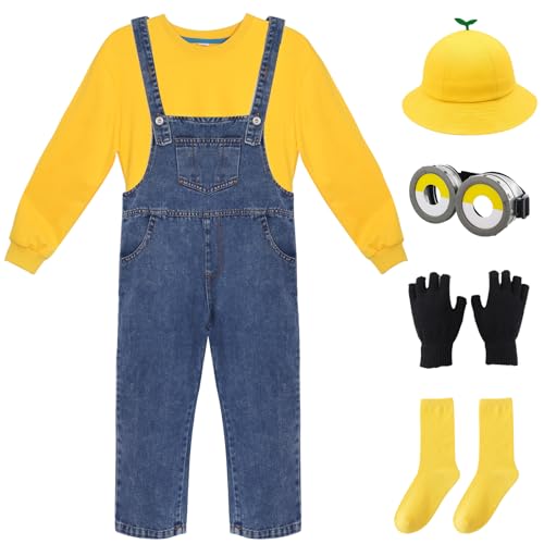 Maazusa Gelber oberer blauer Overall Kostüm 6-teiliger Satz Dampfbrille gelber Hut Socken schwarze Handschuhe Familie Eltern-Kind Outfit Campus Uniform Kid(120) von Maazusa