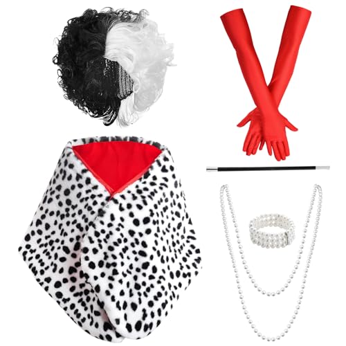 Maazusa Halloween-Kostüm für Damen, gepunktet, schwarz-weiß, gepunktet, Hundekostüm, Perücke, Umhang, Halskette, Handschuhe, Armband, Halskette, Verkleidung für Halloween-Themenparty, 6 Stück Maazusa Halloween-Kostüm für Damen, gepunktet, schwarz-weiß, gepunktet, Hundekostüm, Perücke, Umhang, Halskette, Handschuhe, Armband, Halskette, Verkleidung für Halloween-Themenparty, 6 Stück von Maazusa