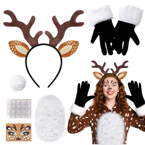 Maazusa Halloween-Kostüm für Erwachsene, Elch-Zubehör-Set, Handschuhe, Stirnband, Schwanz, Plüsch, Bauch, Gesicht, Tattoo, Hirsch, Verkleidung für Halloween, Cosplay, Party, 6-teilig Maazusa Halloween-Kostüm für Erwachsene, Elch-Zubehör-Set, Handschuhe, Stirnband, Schwanz, Plüsch, Bauch, Gesicht, Tattoo, Hirsch, Verkleidung für Halloween, Cosplay, Party, 6-teilig von Maazusa