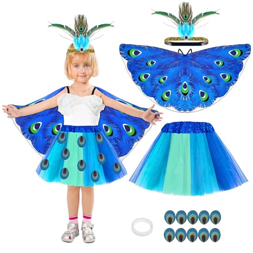 Maazusa Pfau Kostüm für Kinder 5 Stück Pfau Outfits Pfau Schultertuch Haargürtel Tutu-Rock Sticksticker Tier Fairy Kostüm für Karneval Mädchen Geburtstag von Maazusa