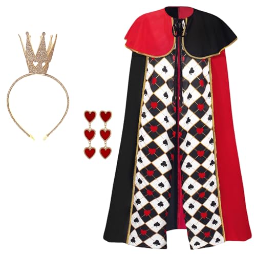 Maazusa Queen-Kostüme für Damen, Herzumhang, Cosplay, Outfit für Damen, mit Krone, Herz, Ohrringe, Königin-Umhang, Verkleidung für Halloween, Weihnachten, Bühne, Party, Welttag des Buches, 3-teilig Maazusa Queen-Kostüme für Damen, Herzumhang, Cosplay, Outfit für Damen, mit Krone, Herz, Ohrringe, Königin-Umhang, Verkleidung für Halloween, Weihnachten, Bühne, Party, Welttag des Buches, 3-teilig von Maazusa