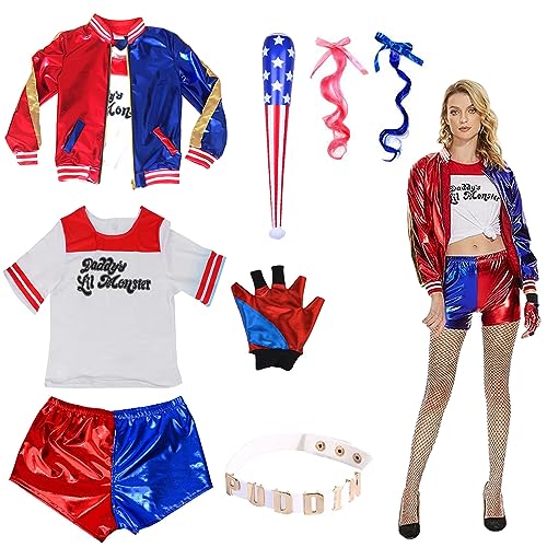 Maazusa Quinn Cosplay Kostüme für Damen 8 Teile Quinn Kostüm Cosplay Kostüm Damen Quinn Mädchen Cosplay Kleidung für Fasching Karneval (Erwachsene, S) von Maazusa