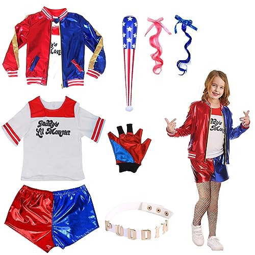 Maazusa Quinn Cosplay Kostüme für Damen 8 Teile Quinn Kostüm Cosplay Kostüm Damen Quinn Mädchen Cosplay Kleidung für Fasching Karneval (Kind, 120CM) von Maazusa