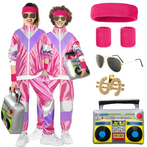 Maazusa Shell Suits 80er Jahre Kostüm Damen Herren Trainingsanzug 7pcs Stirnband Armbänder Brille Aufblasbarer Radioring Halloween Karneval Party Kostüm Set (Rosa, L) von Maazusa