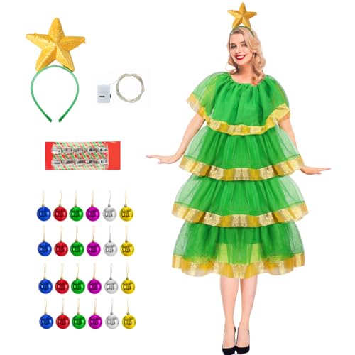 Maazusa Weihnachtsbaum Kostüm für Damen 5 Stück Weihnachtself Kleid Ärmelloses Weihnachtsoutfit Weihnachten Mädchen Kleid für Weihnachten Karneval Welttag des Buches (Erwachsener，S von Maazusa