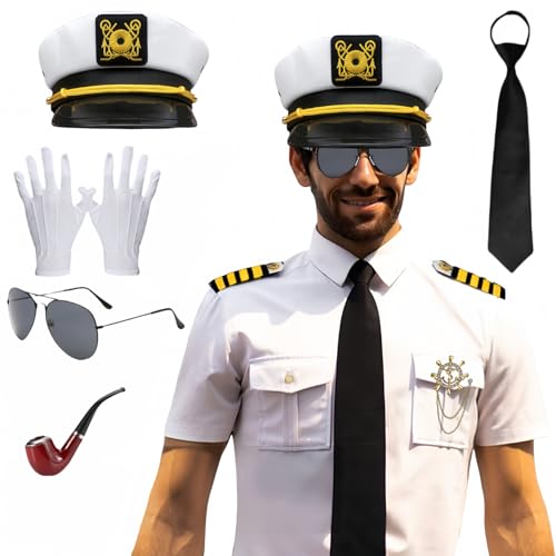 Marine Hemdanzug für Herren 8 Stück Hemd Kapitän Kostüm Mit Schulterklappen Goldene Ankerbrosche Marinehut Pfeife Sonnenbrille Schwarze Krawatte Handschuhe für Halloween Karneval Cosplay Party (M) Marine Hemdanzug für Herren 8 Stück Hemd Kapitän Kostüm Mit Schulterklappen Goldene Ankerbrosche Marinehut Pfeife Sonnenbrille Schwarze Krawatte Handschuhe für Halloween Karneval Cosplay Party (M) von Maazusa