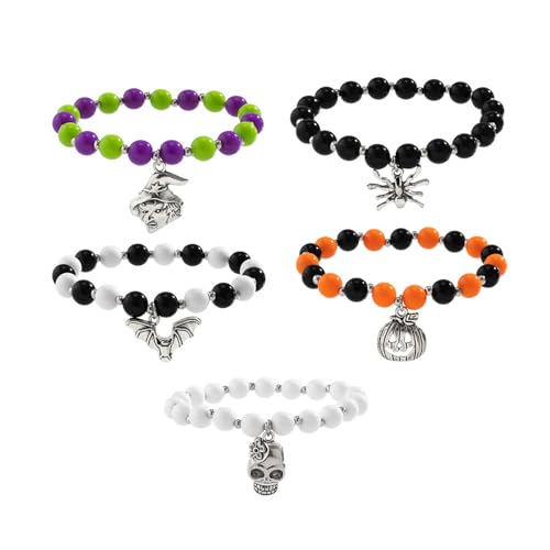 Mabta 5-teiliges Halloween-Kürbis-Schädel-/Fledermaus-Anhänger-Armband-Set für Damen, bunte Perlen, Handketten-Armbänder, Party-Schmuck, Geschenk von Mabta