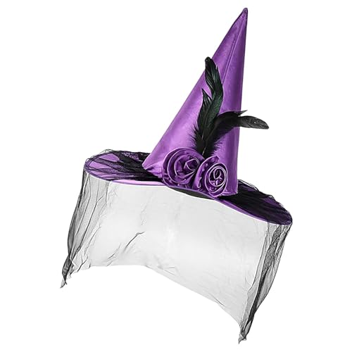 Maciun Halloween-Hexenhut für Damen, Halloween-Hut, Zauberer-Kostüm, breite Krempe, Partyhüte mit Halbschleier, Zaubererhut, Feder, Rose, spitzer Hut für Damen, Teenager, Mädchen von Maciun