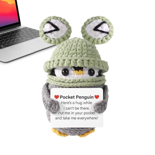 Maciun Positive Pinguin-Woll-Strickpuppe mit positiver Karte, emotionale Unterstützung, Häkelpuppe, jubelnde Taschenumarmung, positiver Pinguin, gestrickt, niedliche Pinguin-Puppe von Maciun