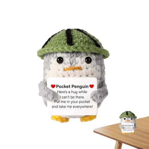 Maciun Positive Pinguin-Woll-Strickpuppe mit positiver Karte, emotionale Unterstützung, Häkelpuppe, jubelnde Taschenumarmung, positiver Pinguin, gestrickt, niedliche Pinguin-Puppe von Maciun