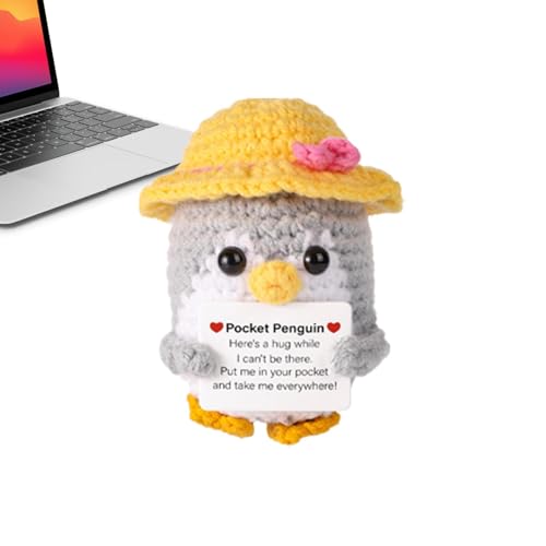 Maciun Positive Pinguin-Woll-Strickpuppe mit positiver Karte, emotionale Unterstützung, Häkelpuppe, jubelnde Taschenumarmung, positiver Pinguin, gestrickt, niedliche Pinguin-Puppe von Maciun