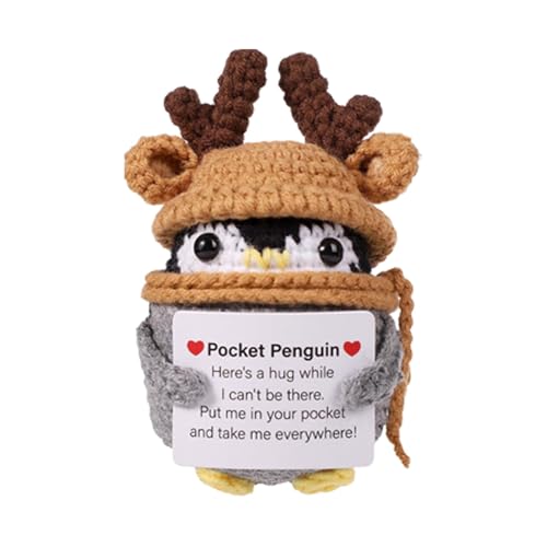 Maciun Positive Pinguin-Woll-Strickpuppe mit positiver Karte, emotionale Unterstützung, Häkelpuppe, jubelnde Taschenumarmung, positiver Pinguin, gestrickt, niedliche Pinguin-Puppe von Maciun