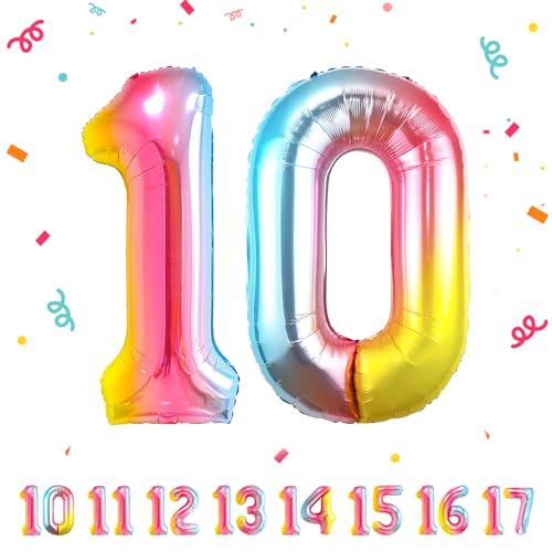 10 Geburtstag Deko zahlen luftballon 10 jahre | Folienballon Regenbogen - für 10. Geburtstagsdeko Männer Frauen Ballon Zahl Deko zum Geburtstag fliegt mit Helium 10.Geburtstagsparty 40"-101cm von Maclunar